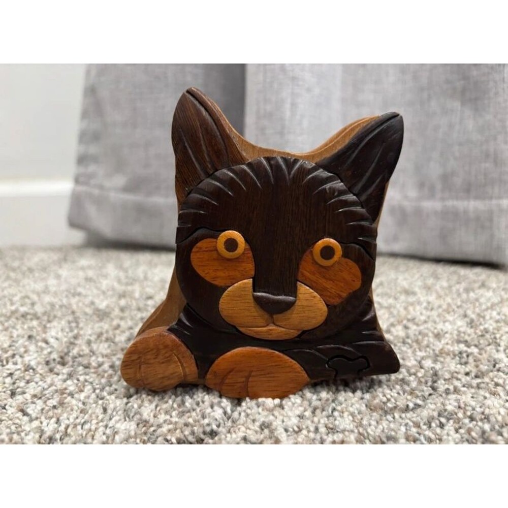 Cute Handmade Wood Cat Puzzle Trinket Storage Box